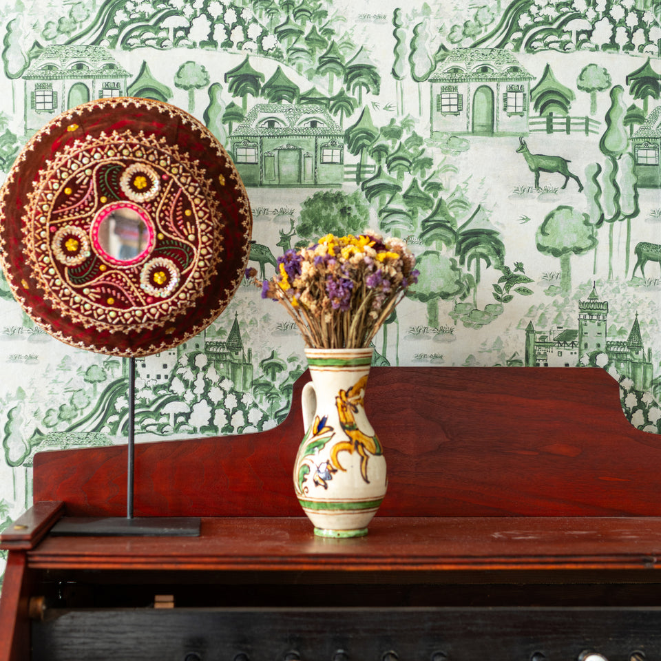 Haverzhakan Taupe wallpaper by MINDTHEGAP, close-up in a styled interior.