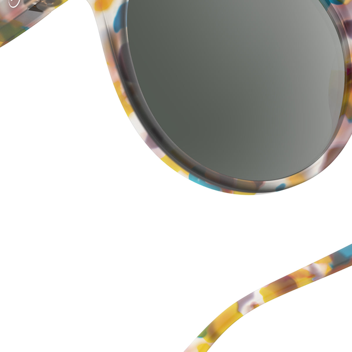 Frame and lens detail of IZIPIZI #D Sunglass Readers in Blue Tortoise