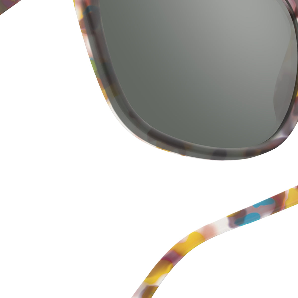 Frame and lens detail of IZIPIZI #E Sunglass Readers in Blue Tortoise