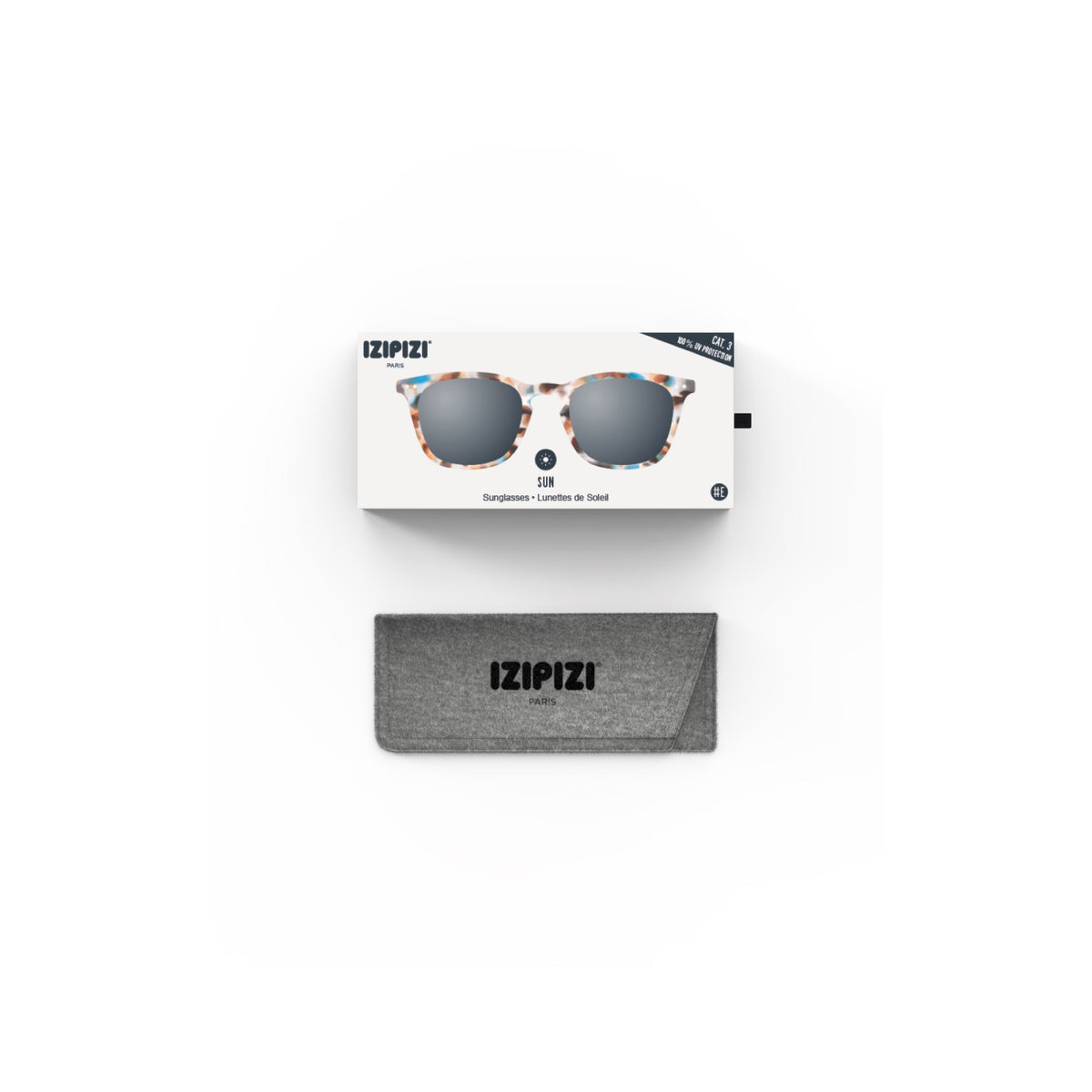 IZIPIZI #E Sunglass Readers in Blue Tortoise with pouch or case and packaging