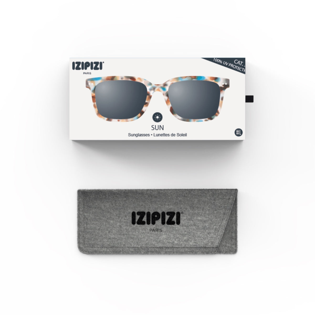 IZIPIZI #L Sunglasses in Blue Tortoise with pouch or case and packaging