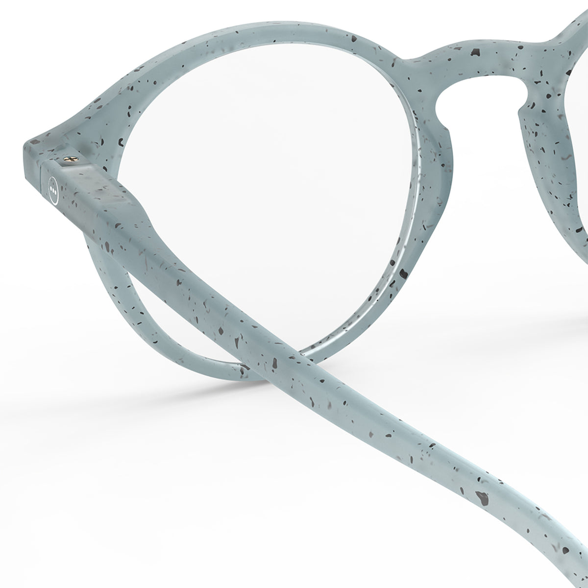 a pair of terrazzo speckled light baby blue reading glasses from izipizi France