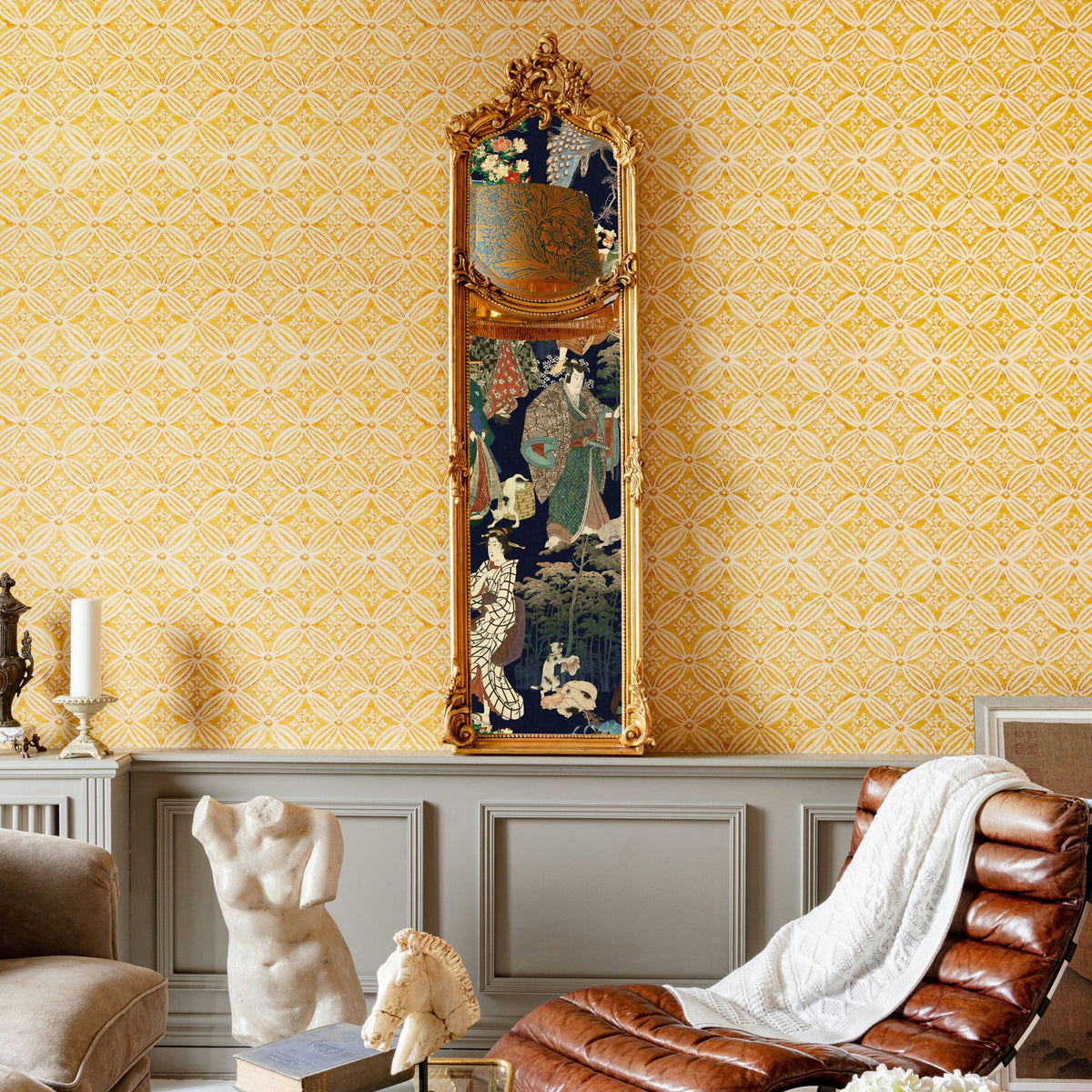 Kalamkari Citrus wallpaper by MINDTHEGAP — room setting showing Citrus colorway