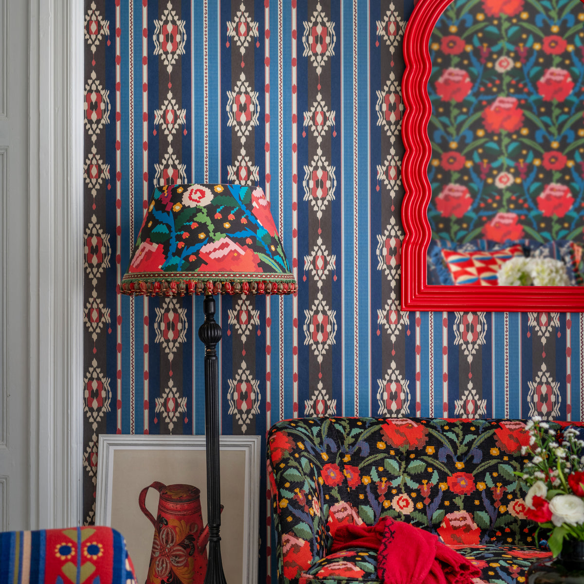 King'S Ikat wallpaper by MINDTHEGAP, close-up in a styled interior.