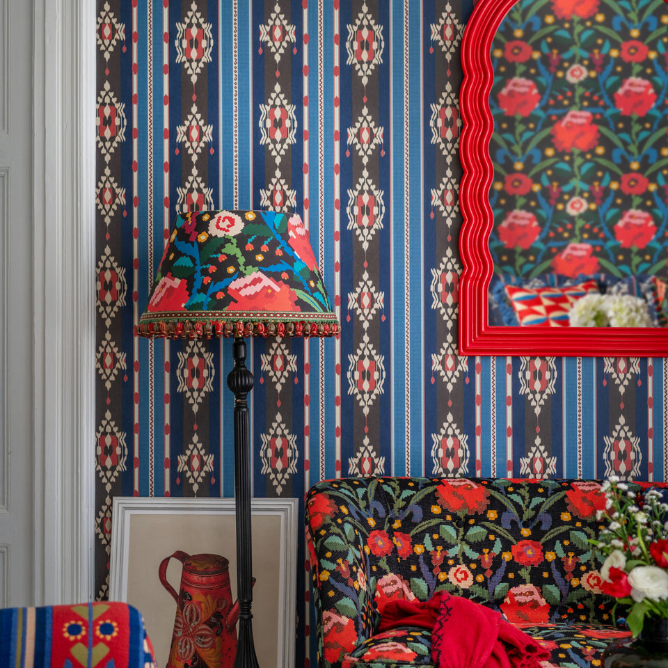 King'S Ikat wallpaper by MINDTHEGAP, close-up in a styled interior.