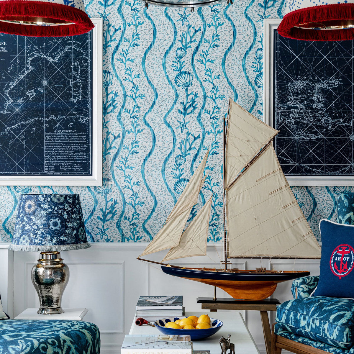 Koralion Aquamarine wallpaper by MINDTHEGAP — room setting showing Aquamarine colorway