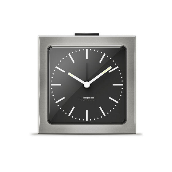 LEFF Amsterdam Block Alarm Clock in stainless steel with black index dial