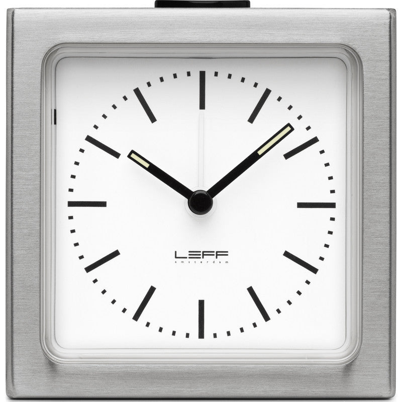 LEFF Amsterdam Block Alarm Clock in stainless steel with white index dial