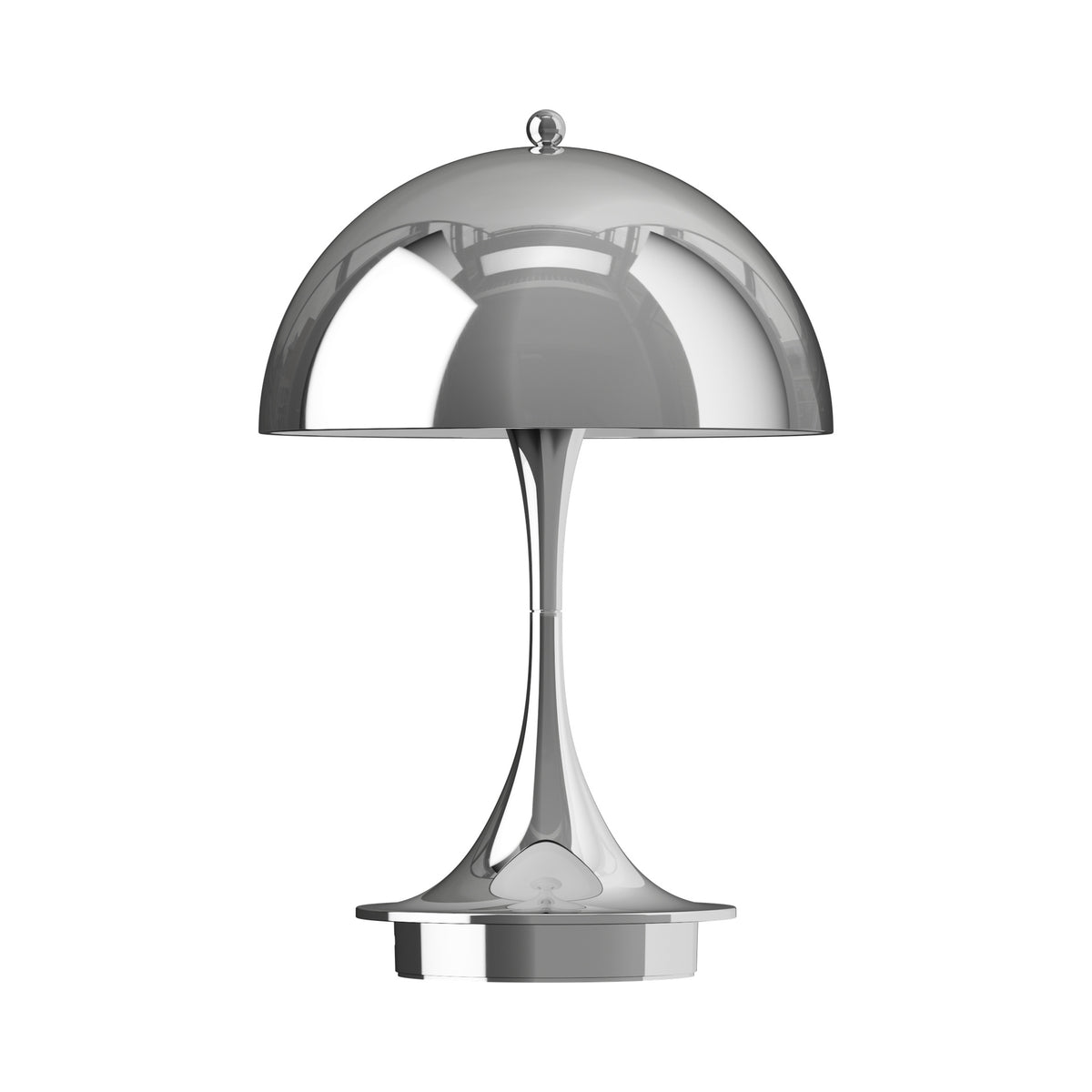 Louis Poulsen Panthella 160 Portable lamp in Chrome, front view.