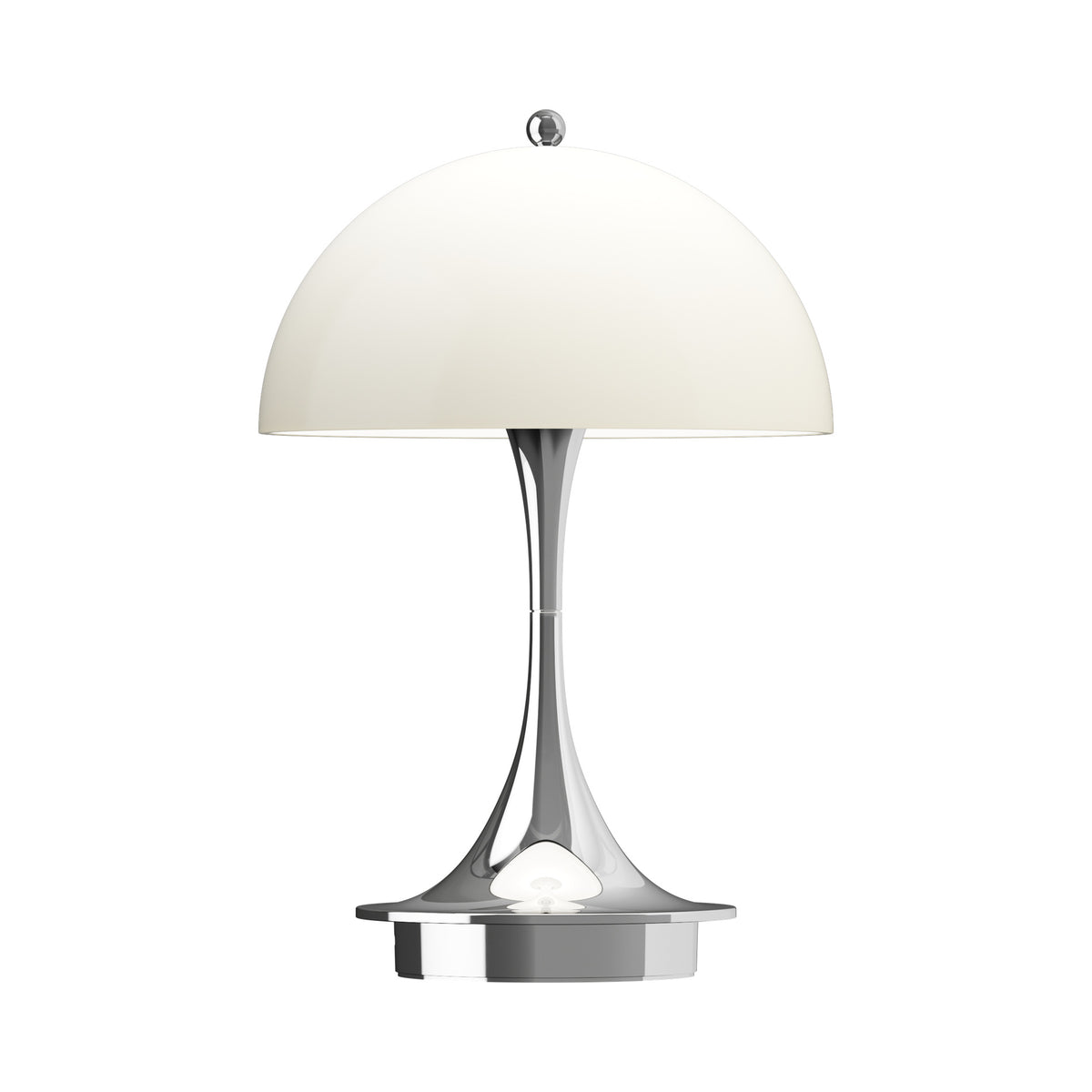 Louis Poulsen Panthella 160 Portable lamp in Chrome Opal Beige, front view.