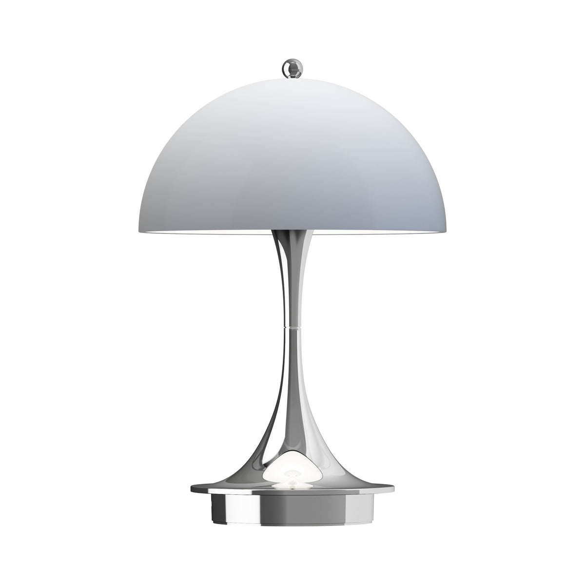 Louis Poulsen Panthella 160 Portable lamp in Chrome Opal Blue Grey, front view.
