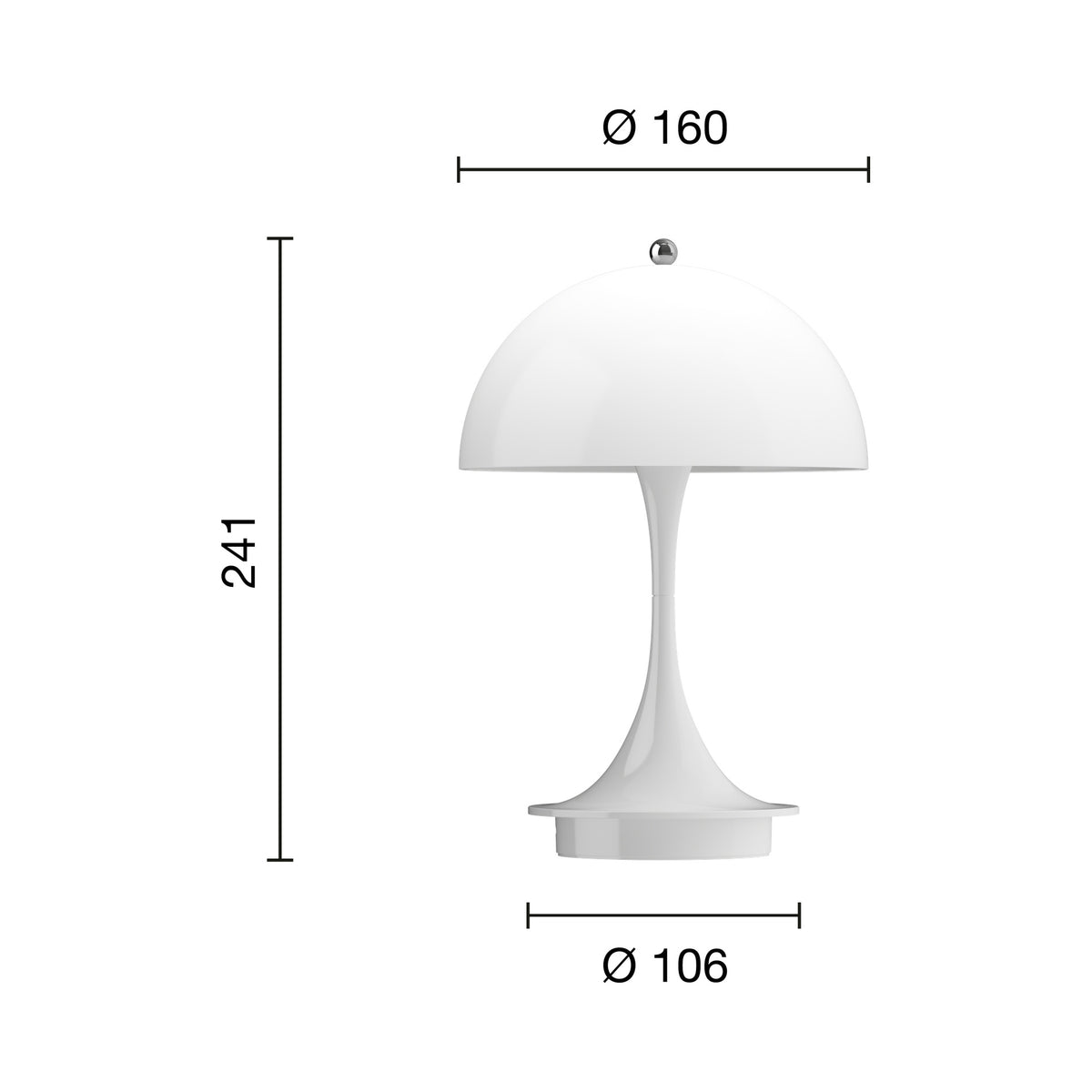 Panthella 160 Portable dimensions in millimeters: 160 mm shade diameter, 241 mm height and 106 mm base diameter.