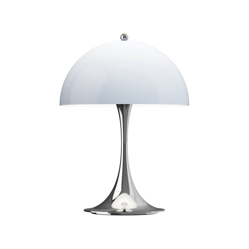 Panthella 250 Portable Lamp in Chrome Opal Blue Grey, centered on white.