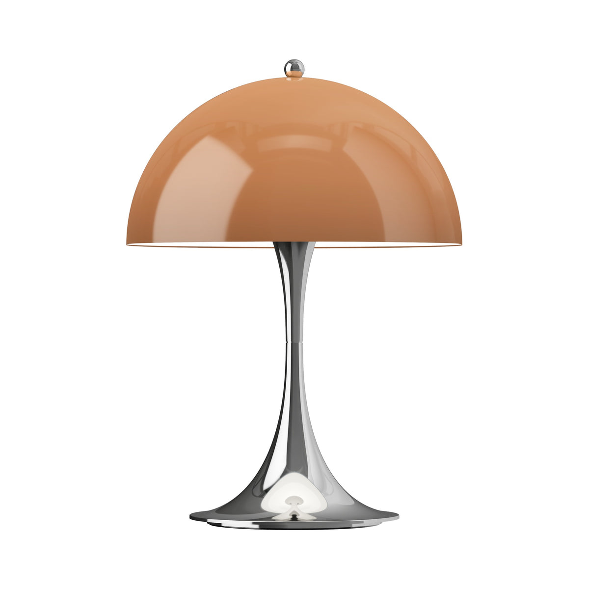 Original Opal Brown Panthella 250 Portable Lamp illuminated, with chrome-finish base, on white.
