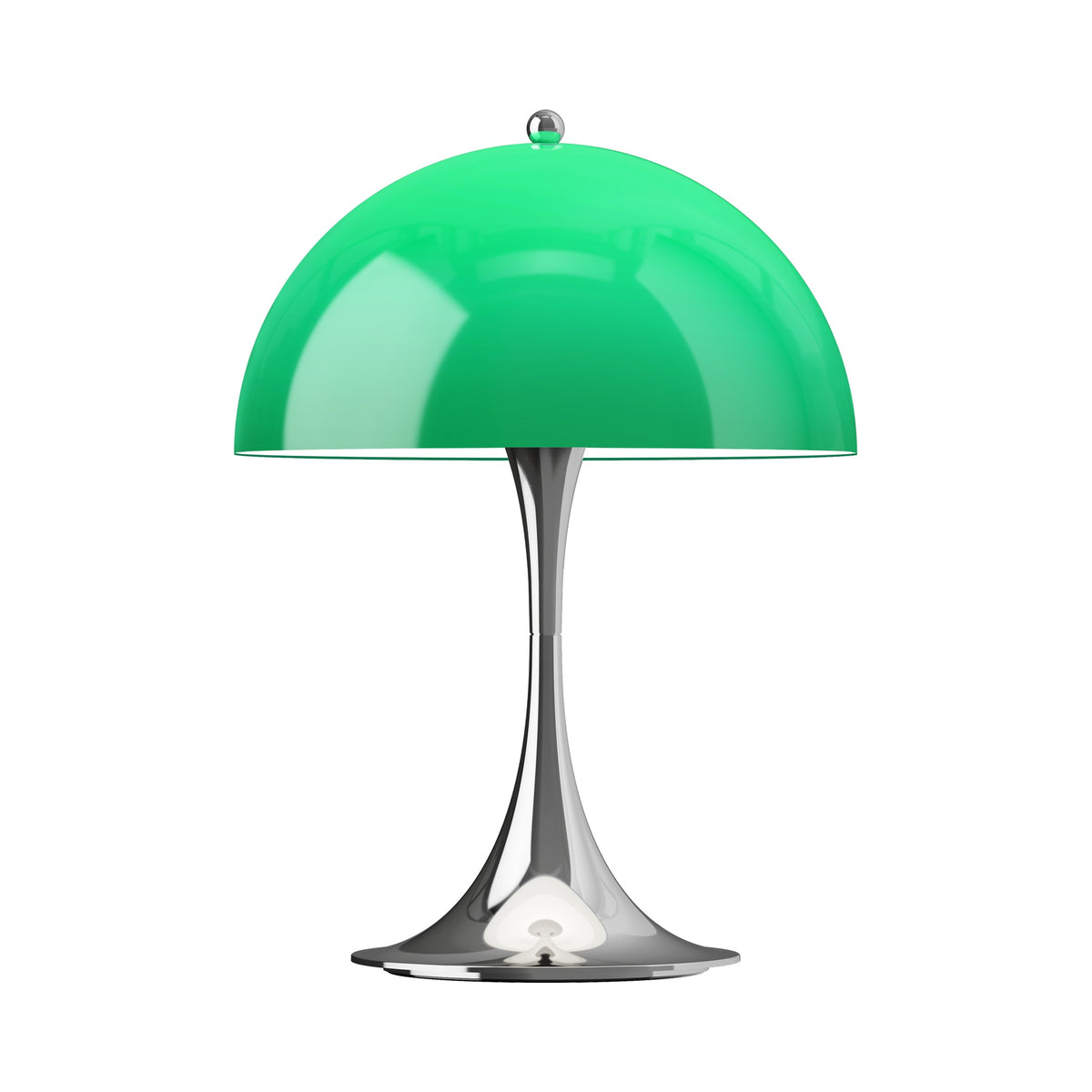 Original Opal Green Panthella 250 Portable Lamp illuminated, with chrome-finish base, on white.