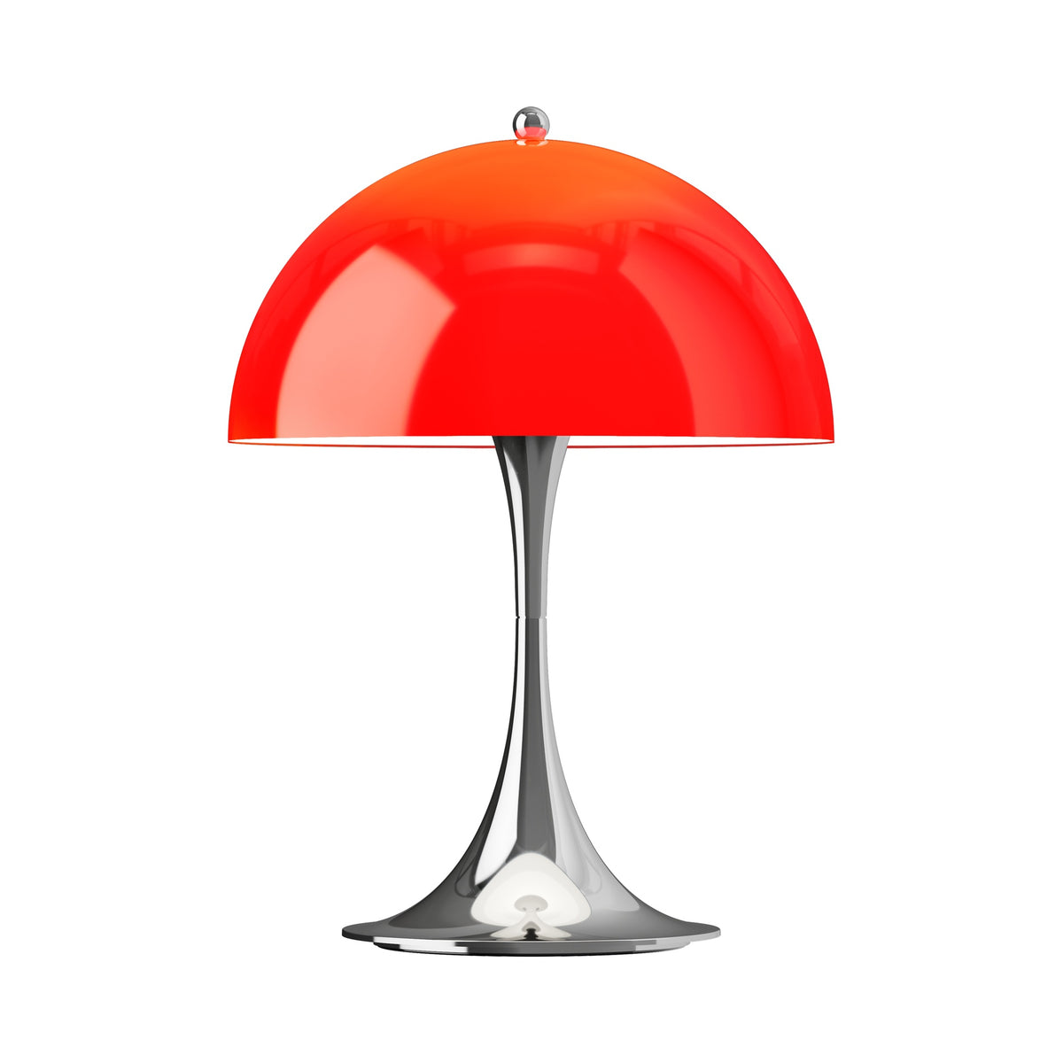 Original Opal Red Panthella 250 Portable Lamp illuminated, with chrome-finish base, on white.