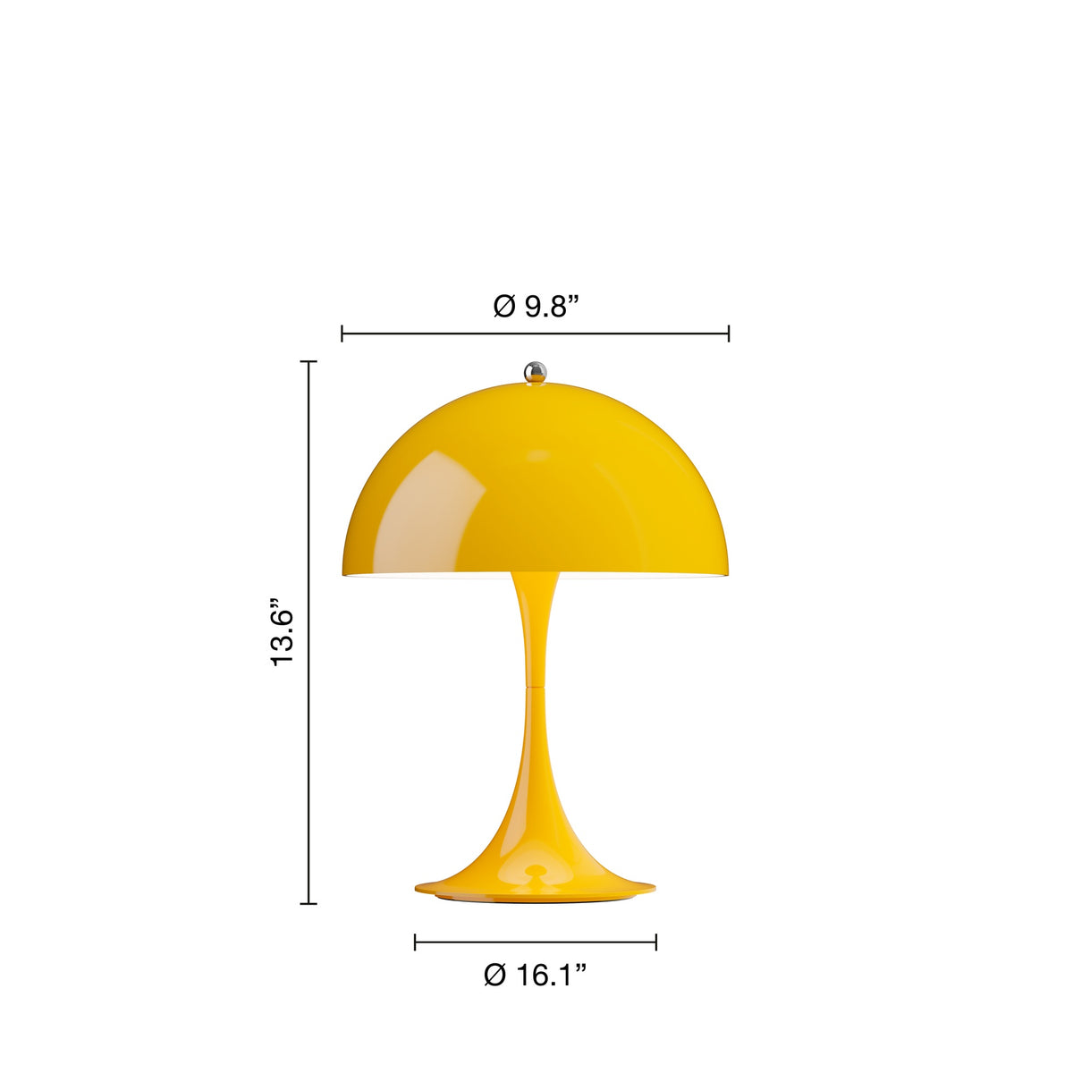 Opaque Yellow Panthella 250 Portable Lamp manufacturer dimensions diagram in inches.