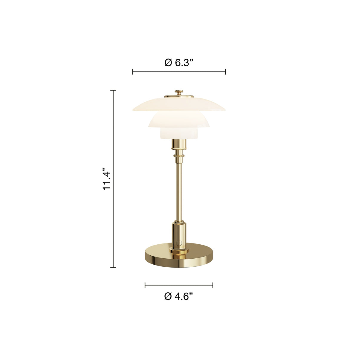 Brass PH 1/1 Portable Lamp manufacturer dimensions diagram in inches.