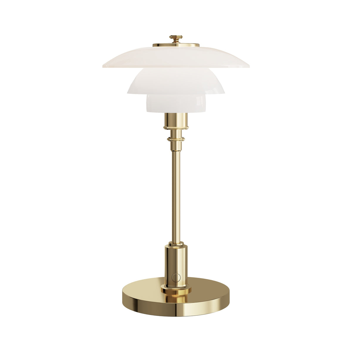 Brass PH 1/1 Portable Lamp at a dimmed light setting, centered on white.