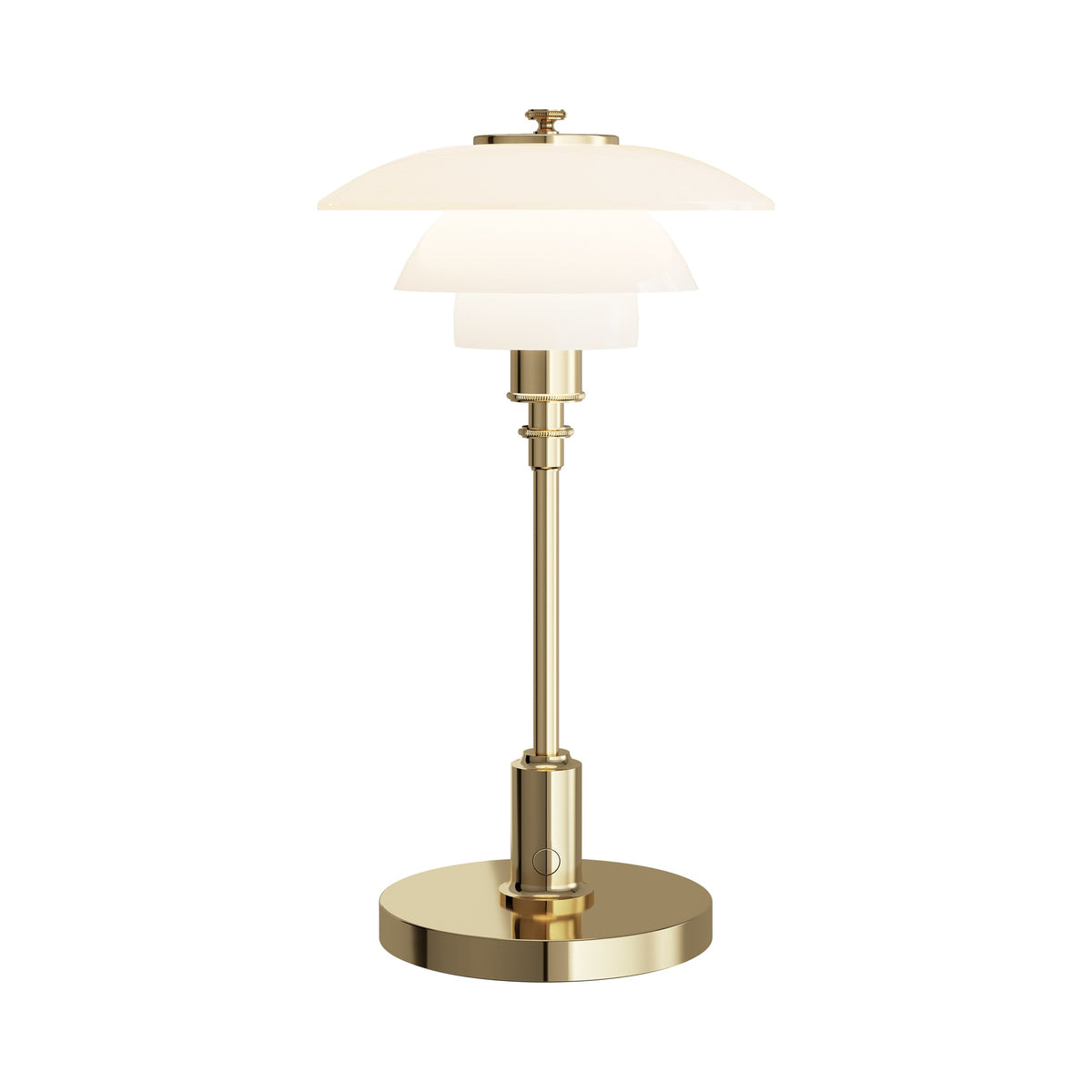Brass PH 1/1 Portable Lamp illuminated, centered on white.