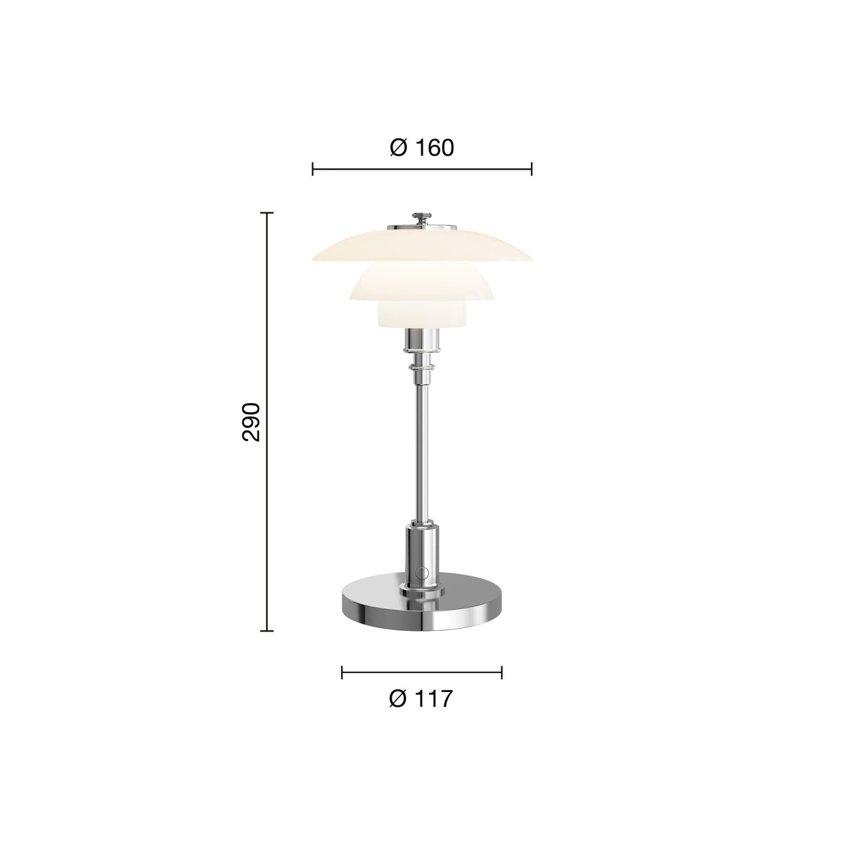 Chrome PH 1/1 Portable Lamp manufacturer dimensions diagram in millimeters.