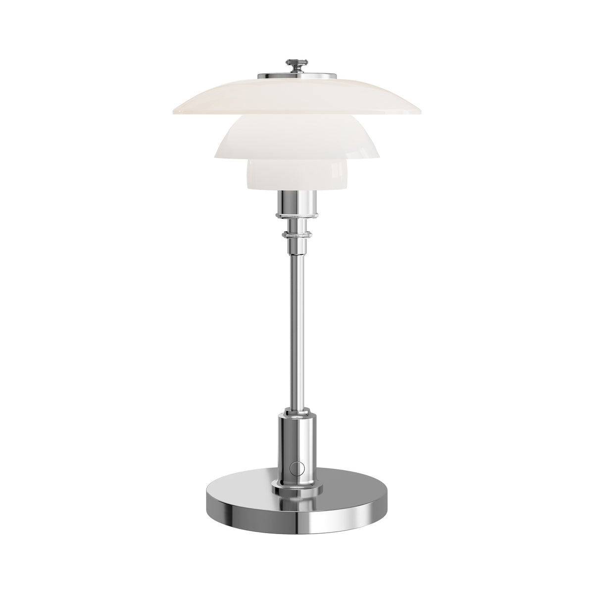 Chrome PH 1/1 Portable Lamp at a dimmed light setting, centered on white.