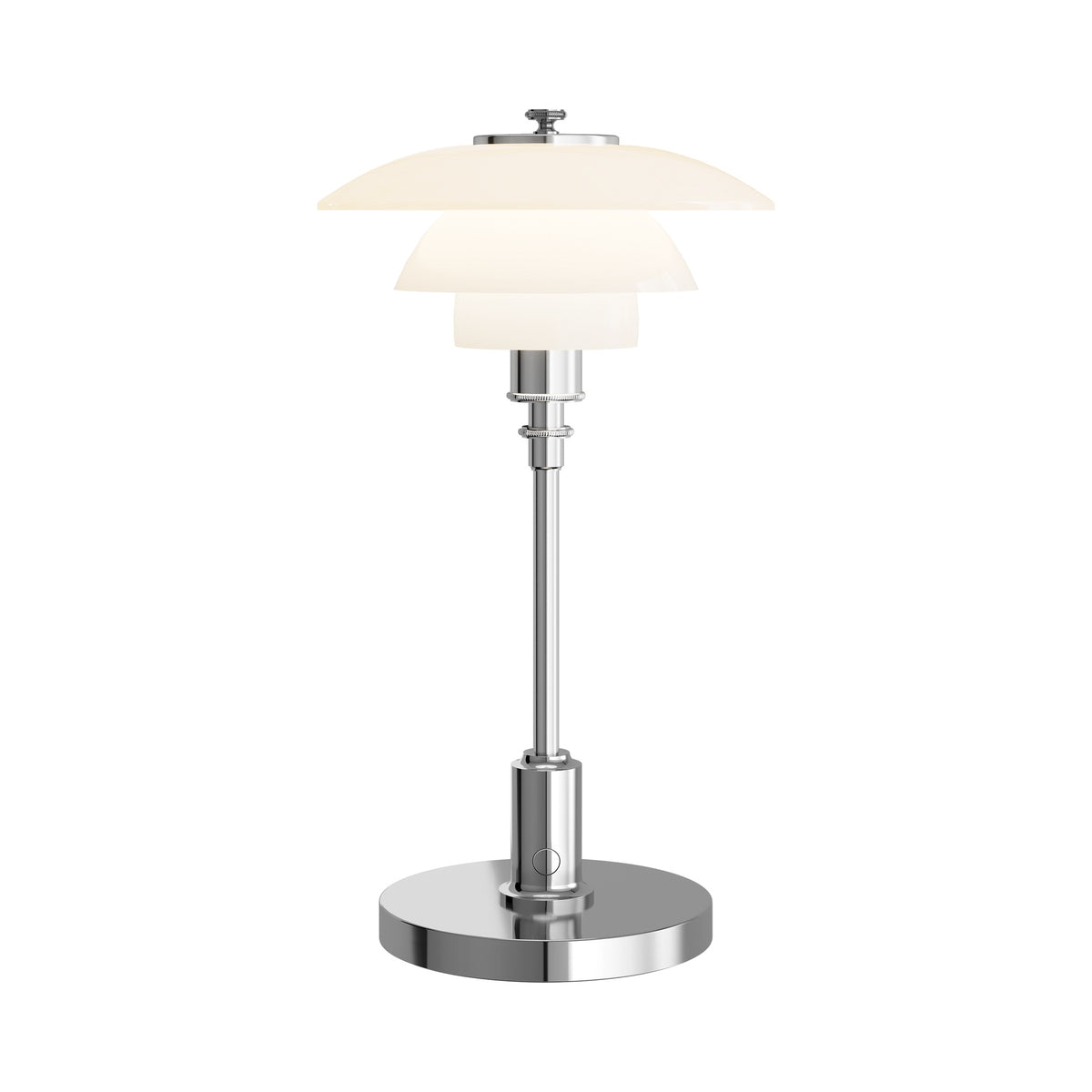 Chrome PH 1/1 Portable Lamp illuminated, centered on white.