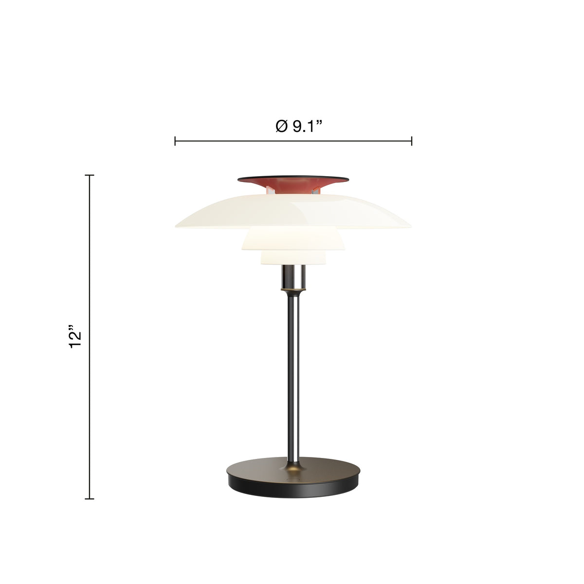 Chrome PH 80 Portable Lamp manufacturer US dimensions diagram.