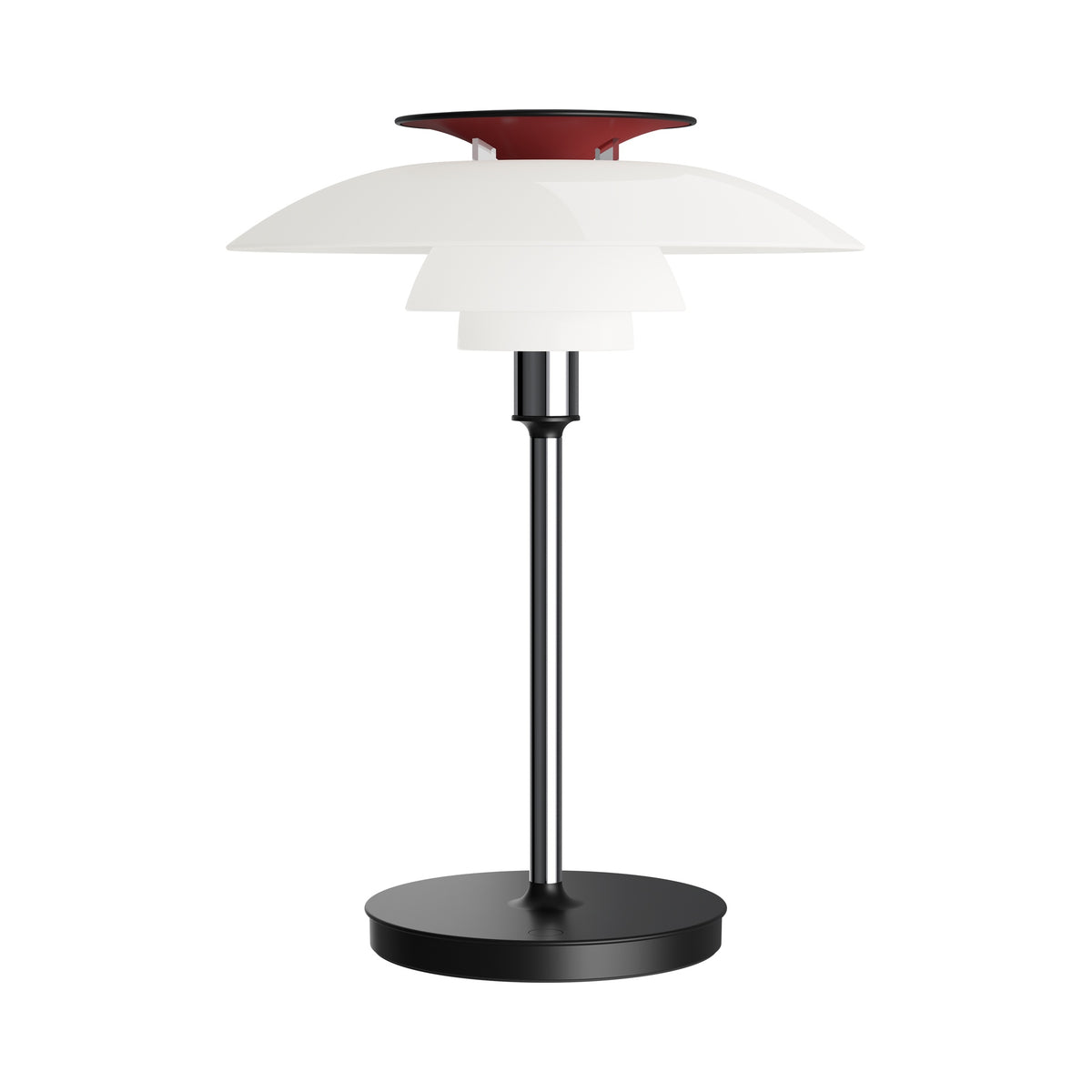 Chrome PH 80 Portable Lamp switched off, with black base and red reflector, on white.