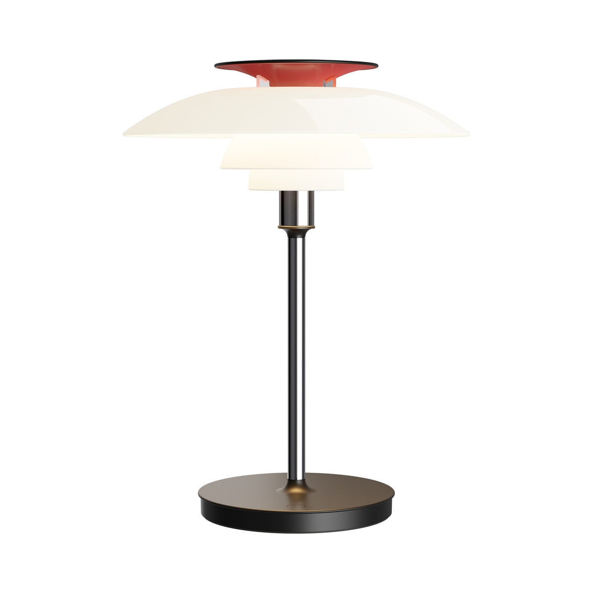 Chrome PH 80 Portable Lamp illuminated on white.