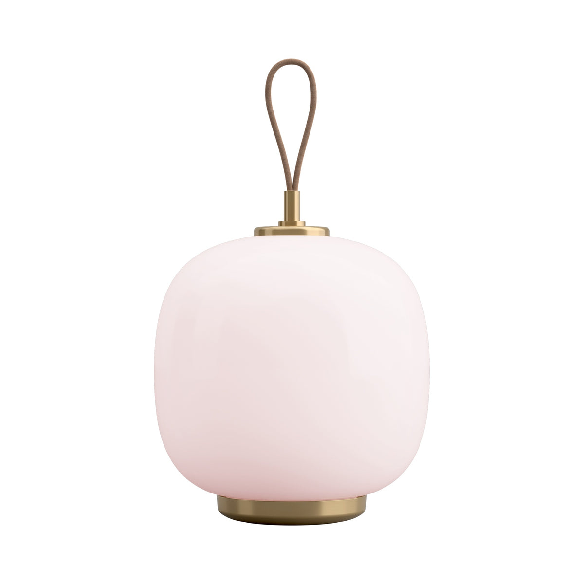 Louis Poulsen VL45 Portable Lamp in Pale Rose, unlit glass shade with brass base and leather carrying strap on white.