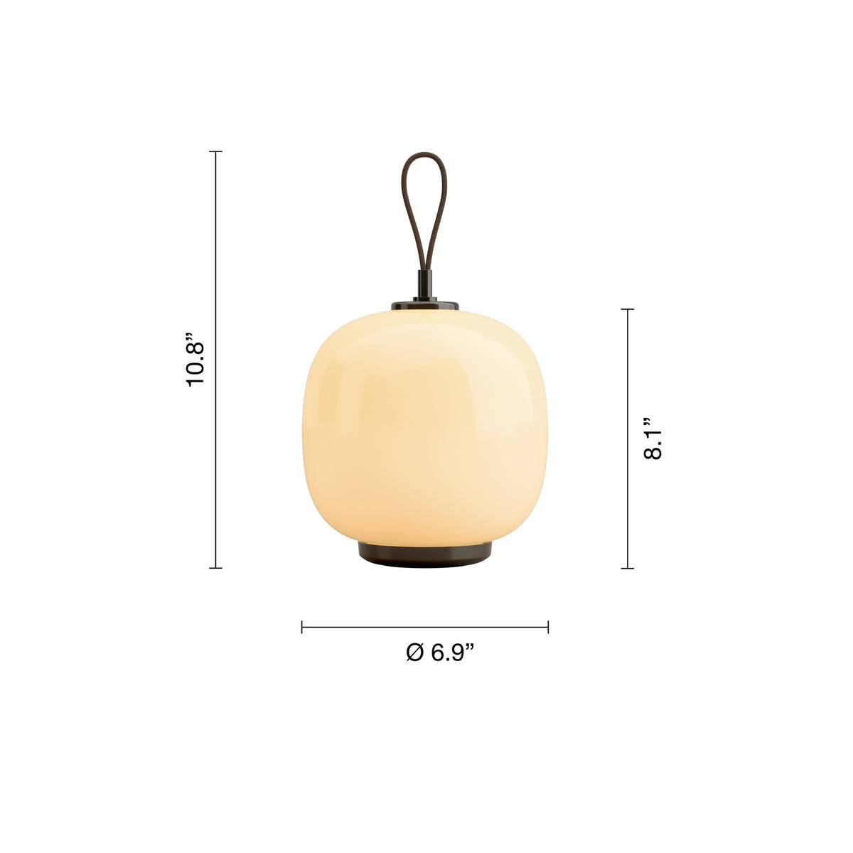 Pale Yellow Louis Poulsen VL45 Portable Lamp dimensions: 10.8 inches including strap, 8.1 inches body height and 6.9 inches diameter.