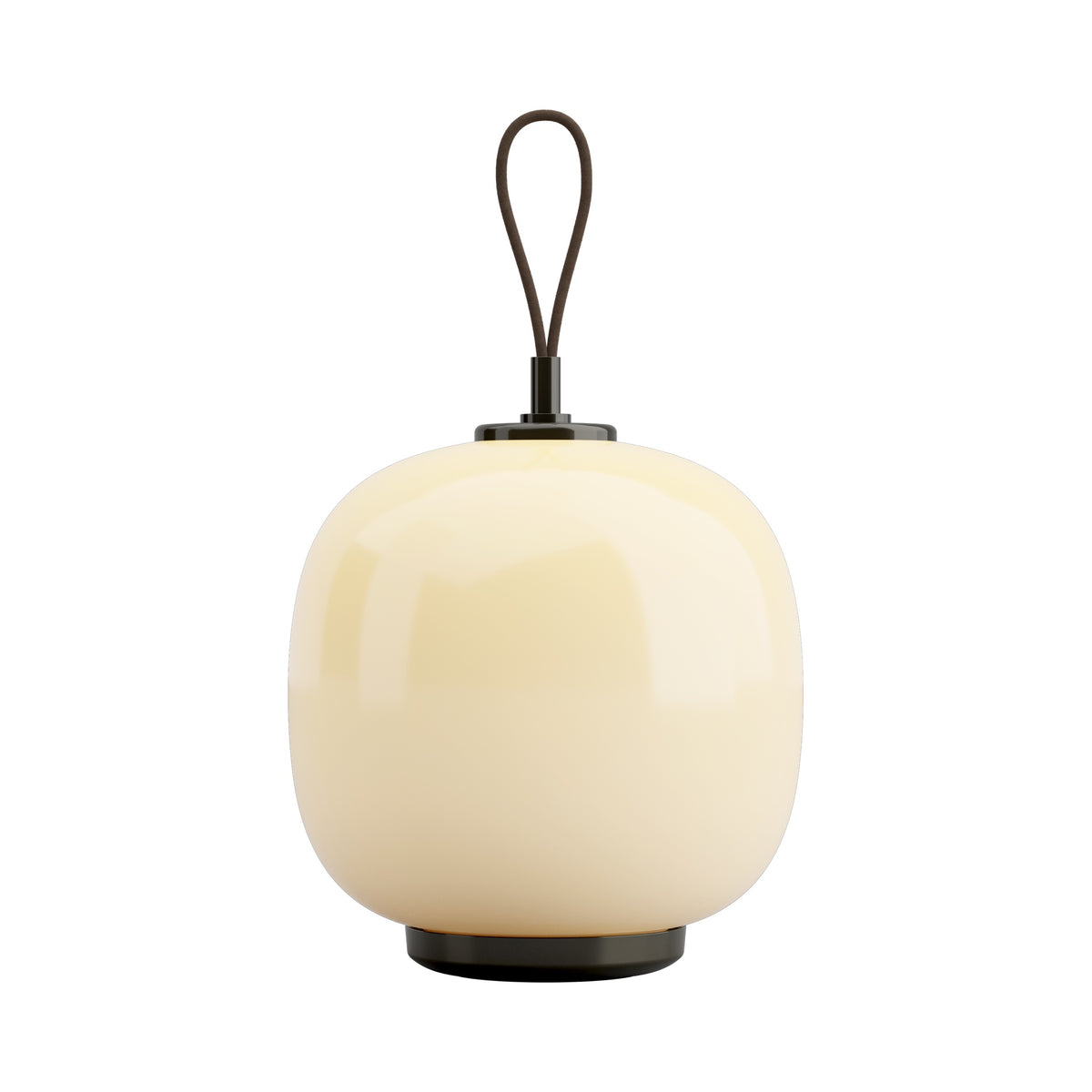 Louis Poulsen VL45 Portable Lamp in Pale Yellow, unlit glass shade with metal base and leather carrying strap on white.