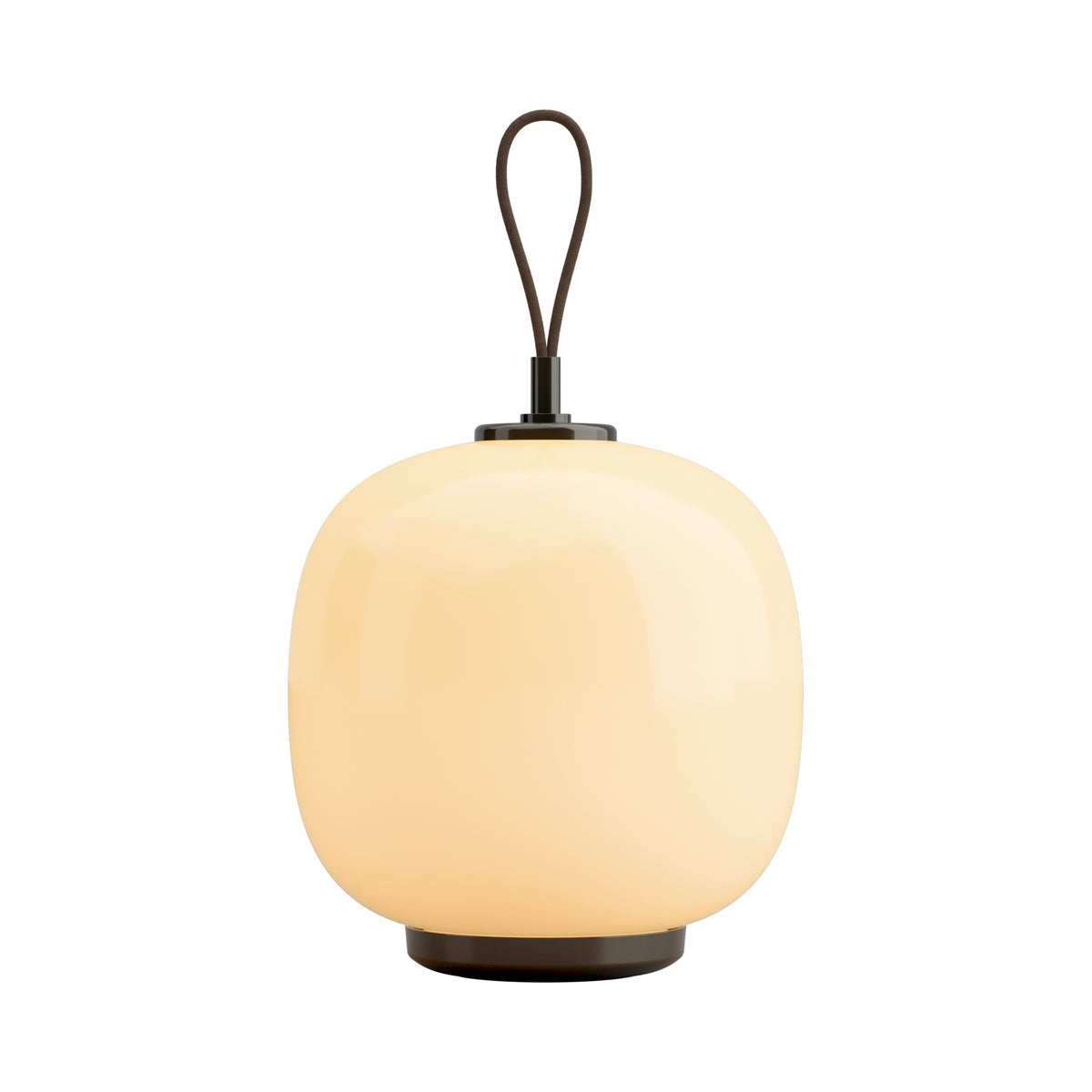 Pale Yellow VL45 Portable Lamp switched on, with dark brass details and leather strap, on white.