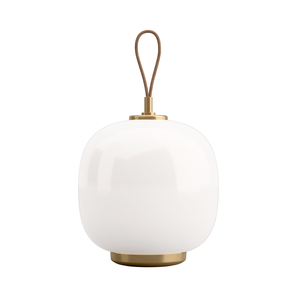 Louis Poulsen VL45 Portable Lamp in White Opal, unlit glass shade with metal base and leather carrying strap on white.