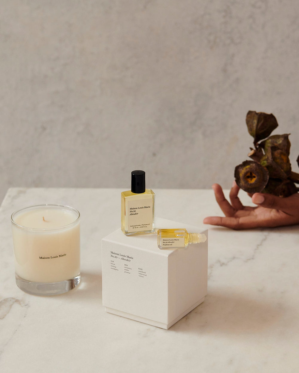 Maison Louis Marie No.10 Aboukir candle with perfume oil bottles and packaging