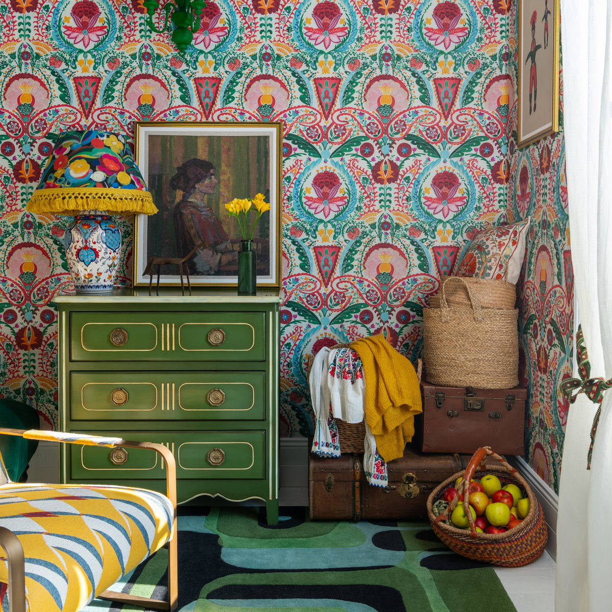 Rosa Mundi wallpaper by MINDTHEGAP, shown in a furnished interior.