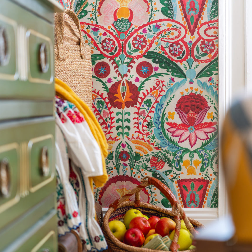 Rosa Mundi wallpaper by MINDTHEGAP, close-up in a styled interior.