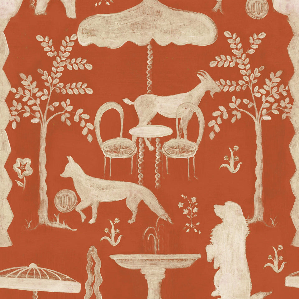 The Hidden Realm Copper wallpaper by MINDTHEGAP, featuring cream animal figures, trees, and a fringed parasol on a warm copper orange background.