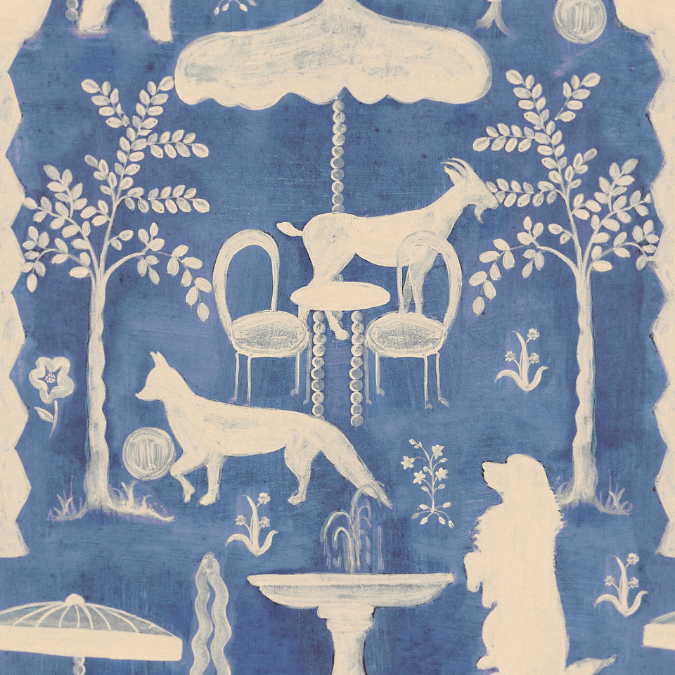 The Hidden Realm Dusk wallpaper by MINDTHEGAP, featuring cream animal figures, trees, and a fringed parasol on a dusk blue background.