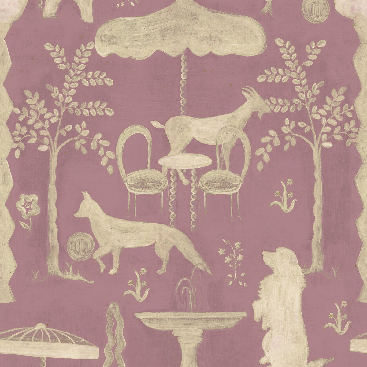 The Hidden Realm Mauve wallpaper by MINDTHEGAP, featuring cream animal figures, trees, and a fringed parasol on a dusty mauve background.