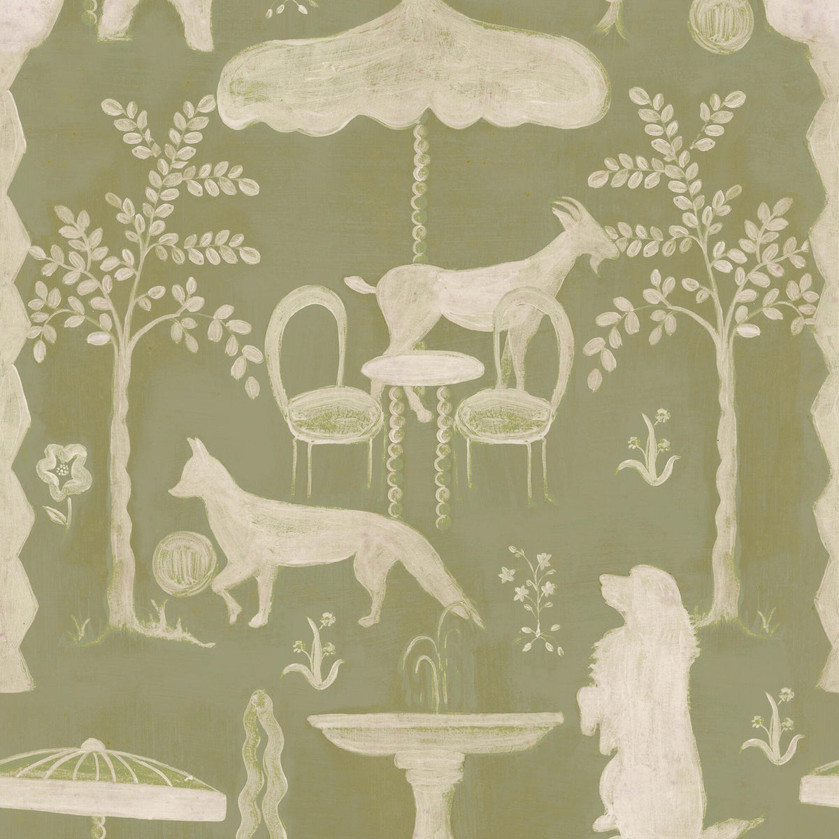 The Hidden Realm Sage wallpaper by MINDTHEGAP, featuring cream animal figures, trees, and a fringed parasol on a sage green background.