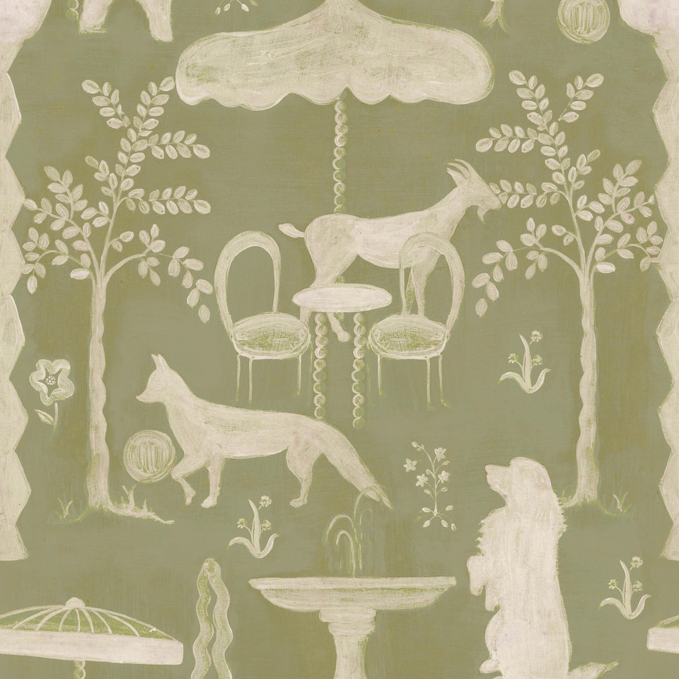 The Hidden Realm Sage wallpaper by MINDTHEGAP, featuring cream animal figures, trees, and a fringed parasol on a sage green background.