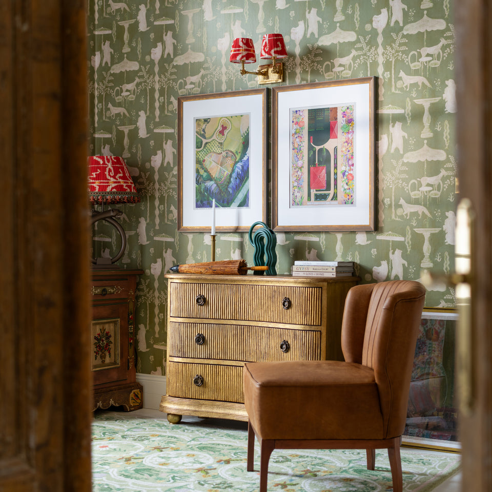 The Hidden Realm Sage wallpaper by MINDTHEGAP, shown in a furnished interior.