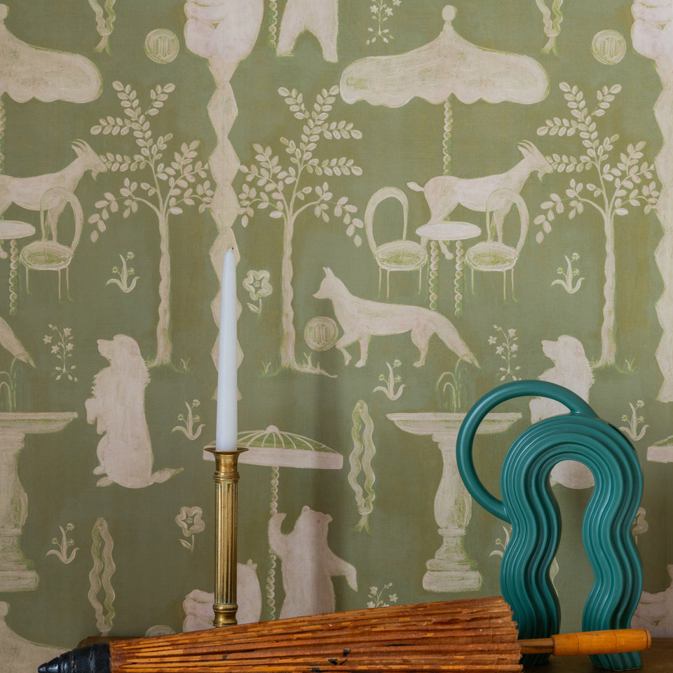 The Hidden Realm Sage wallpaper by MINDTHEGAP, close-up in a styled interior.