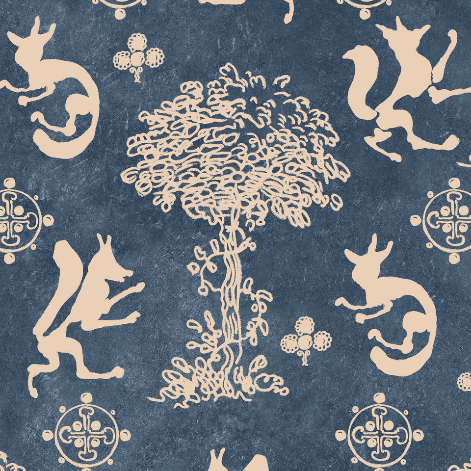 THE SILLY FOX Denim wallpaper by MINDTHEGAP, full pattern detail.
