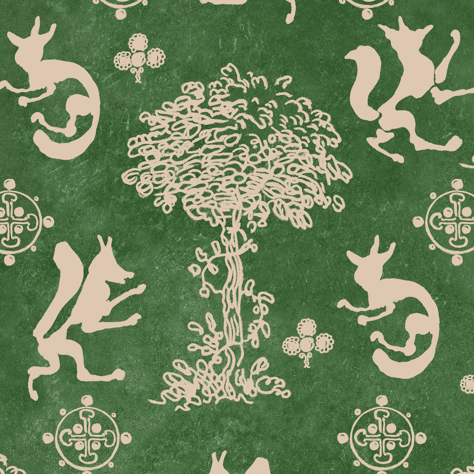 THE SILLY FOX Emerald wallpaper by MINDTHEGAP, full pattern detail.