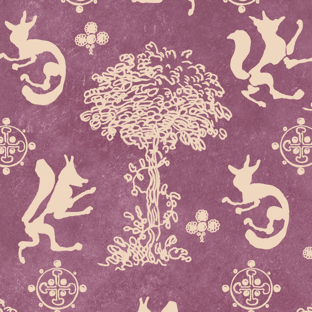 THE SILLY FOX Mauve wallpaper by MINDTHEGAP, full pattern detail.