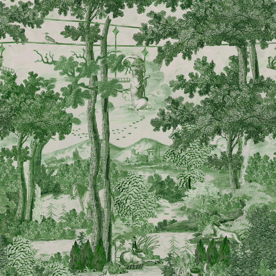 TOILE DU CARPATHIANS Evergreen wallpaper by MINDTHEGAP, full pattern detail.