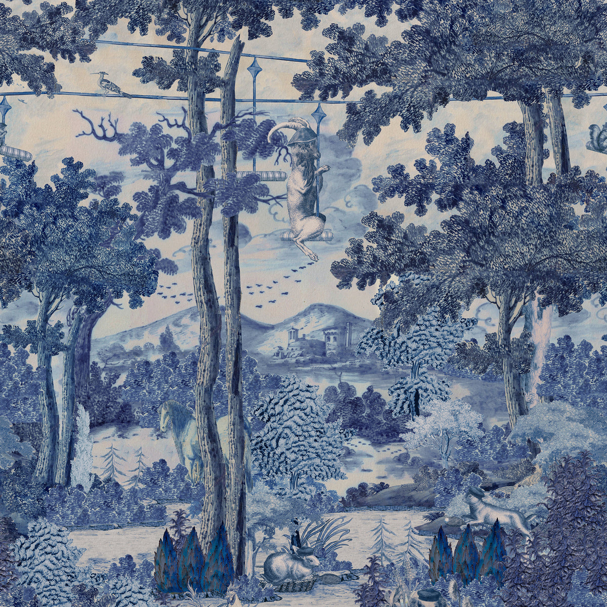 TOILE DU CARPATHIANS Indigo wallpaper by MINDTHEGAP, full pattern detail.